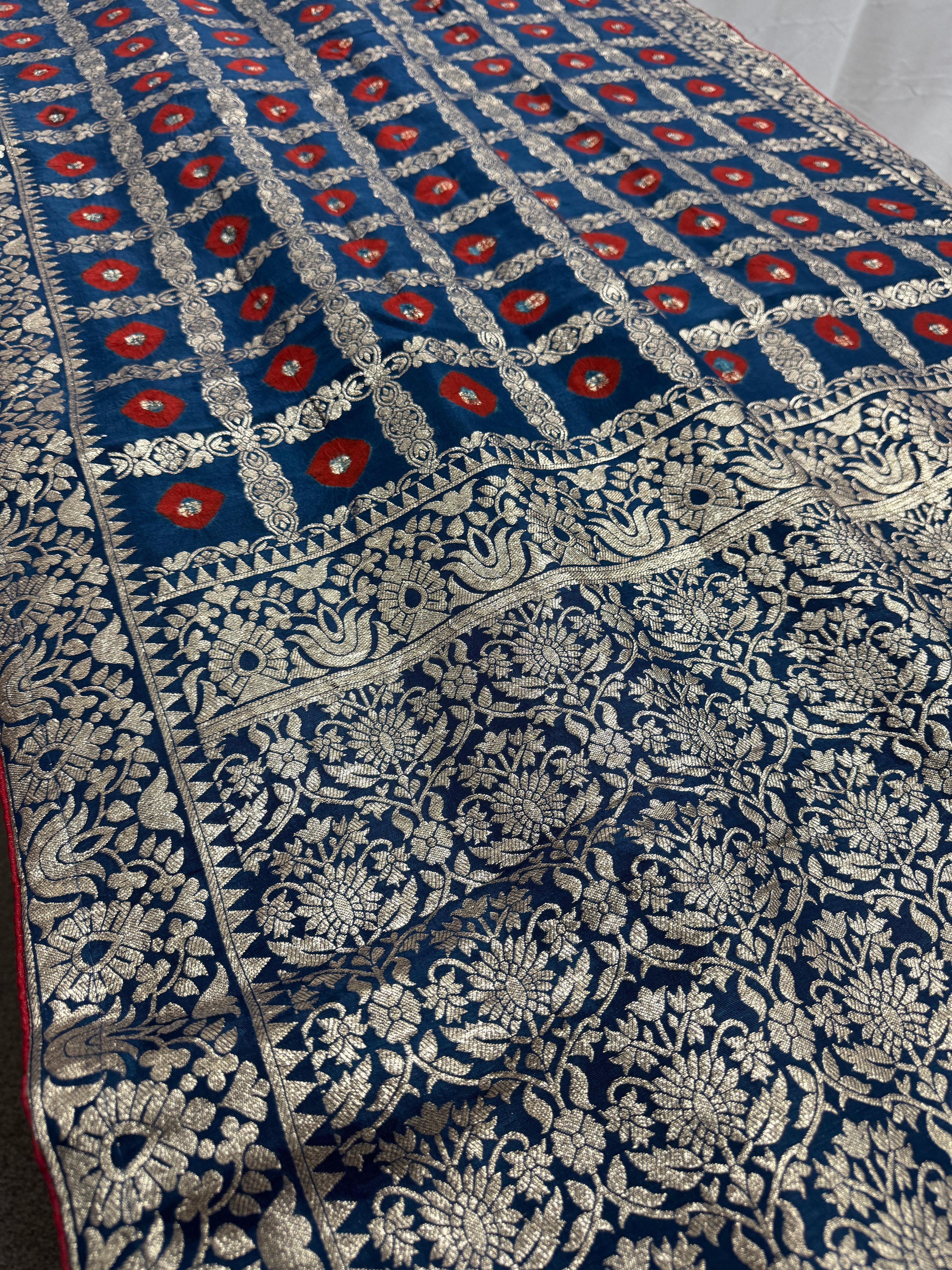Parul | Dark Blue & Red Gharchola Banarasi Saree | Silver Zari Dola Silk