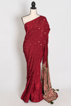 Mouli | Brick Red Mirror Work Partywear Ajrakh Saree | Soft Semi Modal Silk