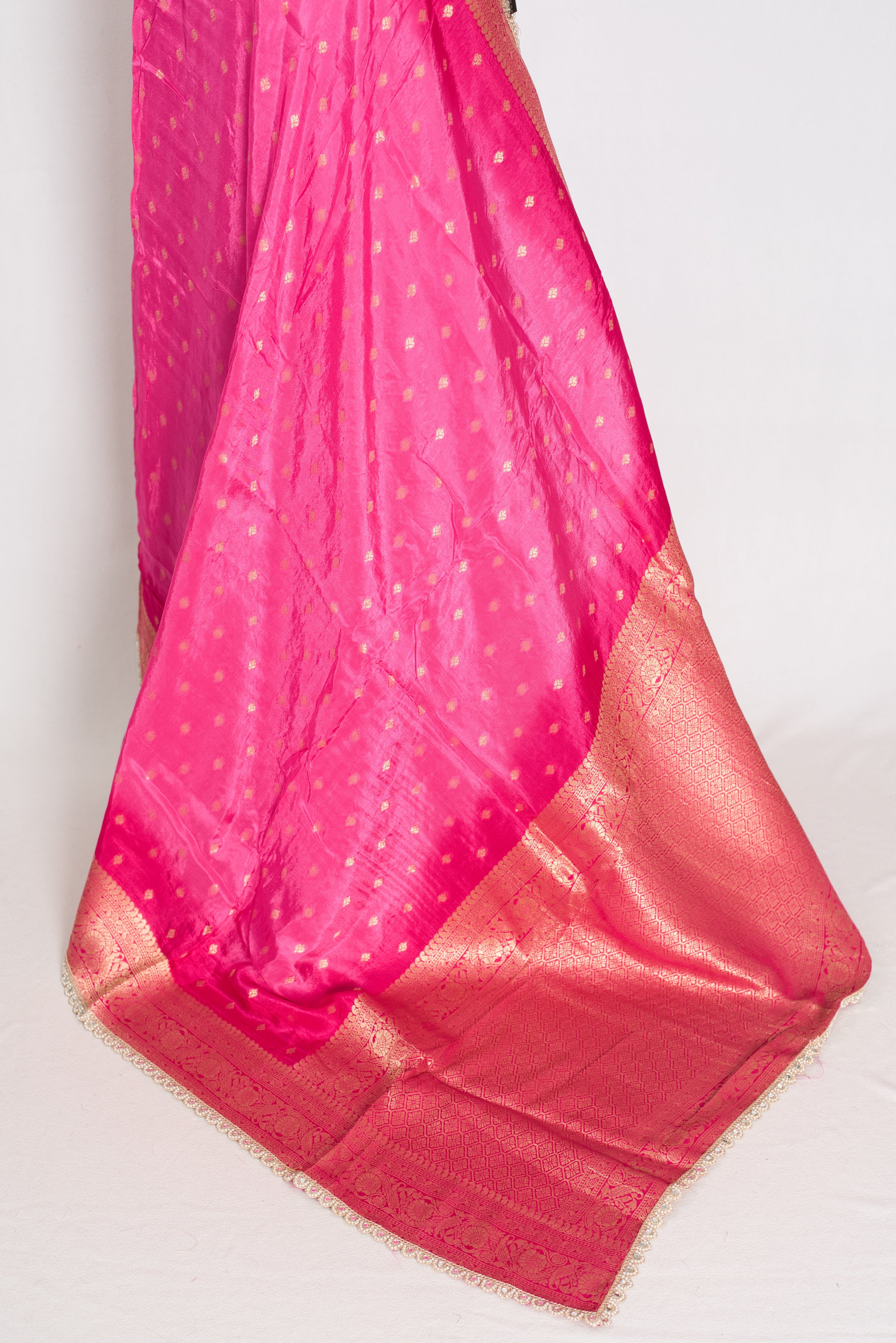 Abira | Pink & Gold Dola Silk Banarasi Saree | Designer Stitched Lace Border