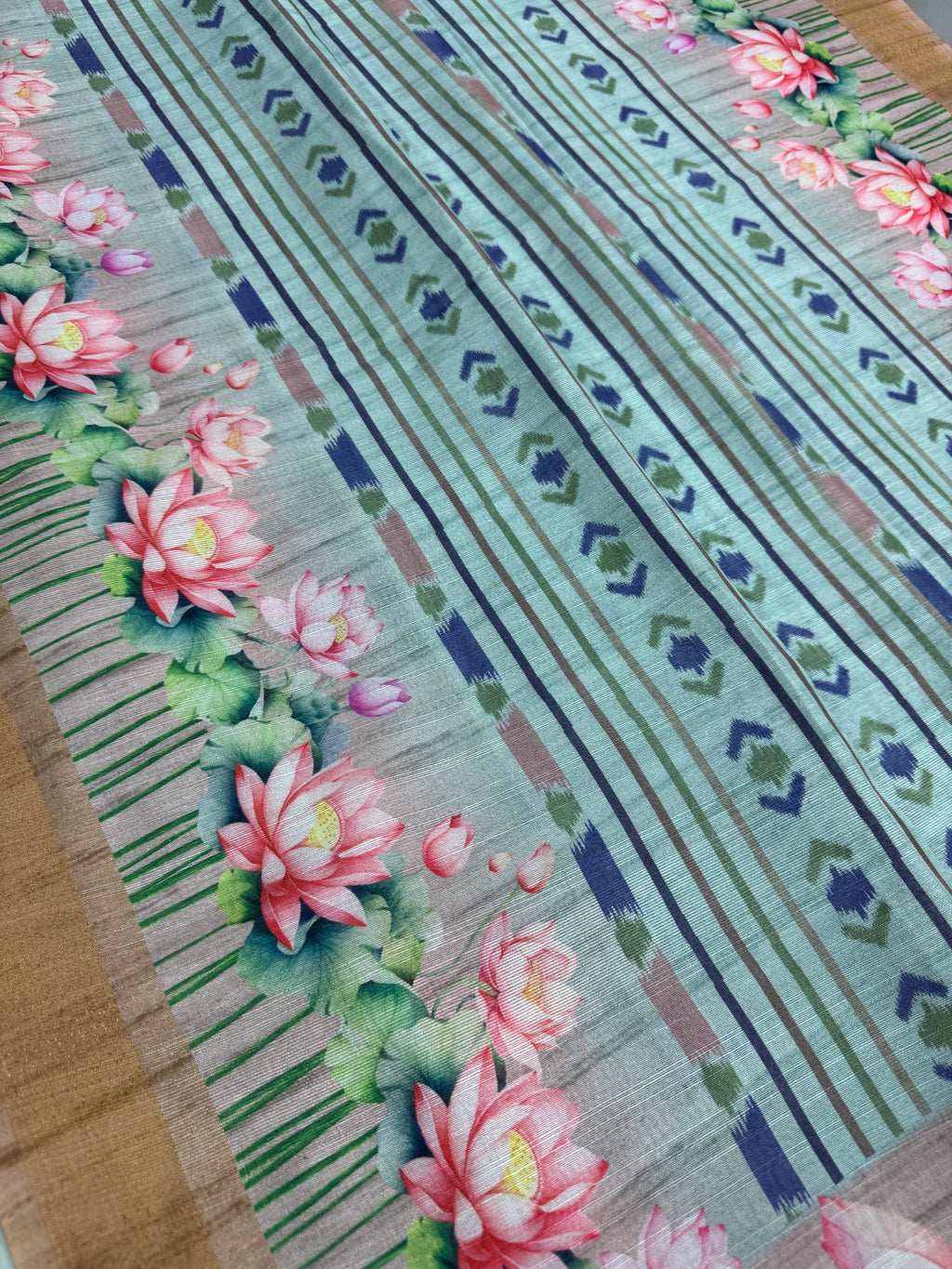 Soma | Sea Green & Earthy Brown Ikkat Fusion Semi Tussar Saree