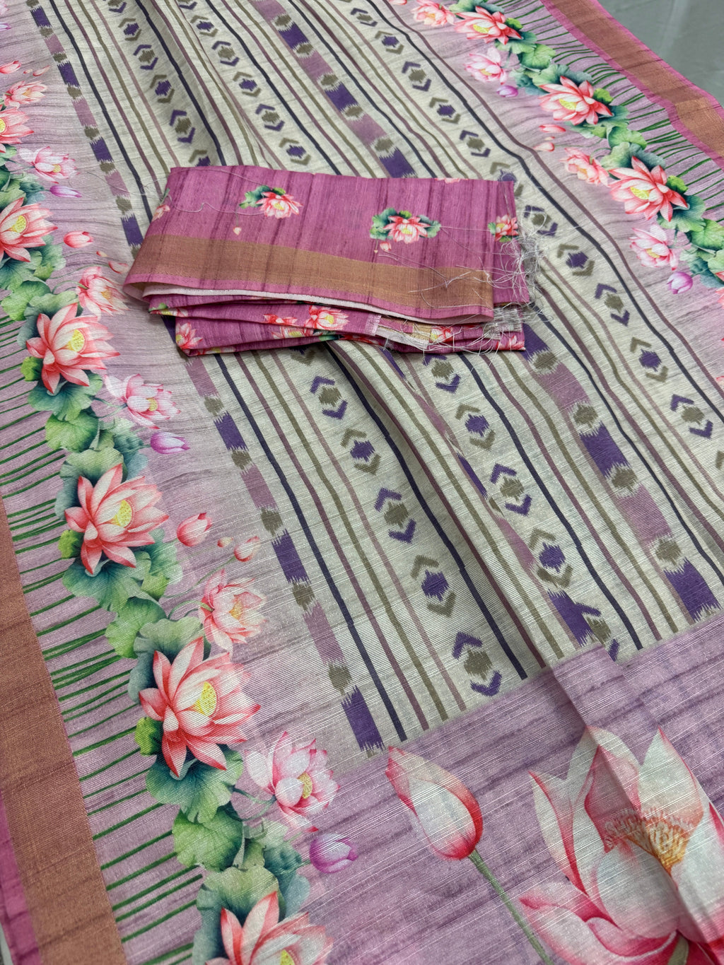 Rai | Off White & Lavender Ikkat Fusion Semi Tussar Saree