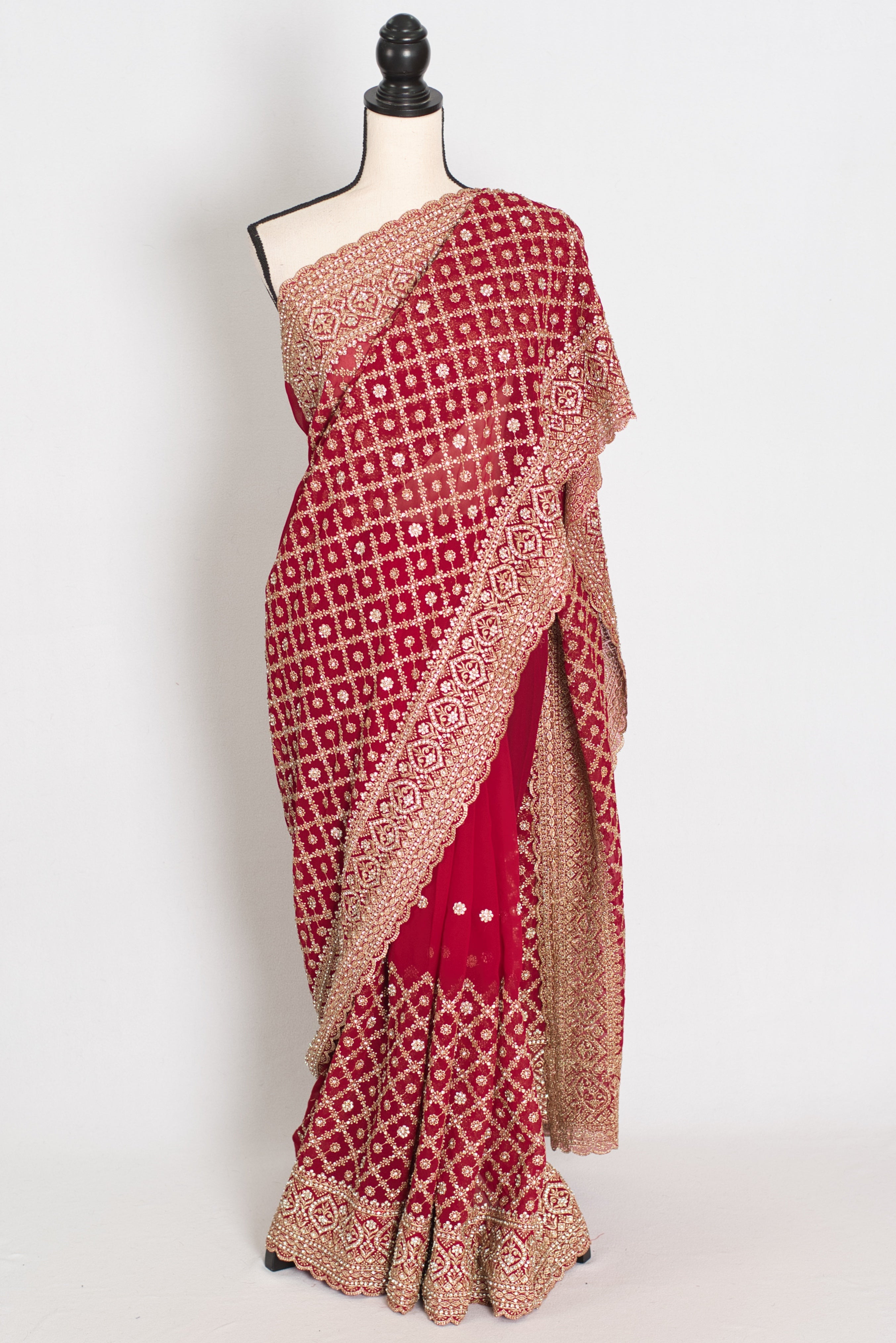 Heema | Dark Red Georgette Bridal Saree | Royal Festive & Wedding Wear