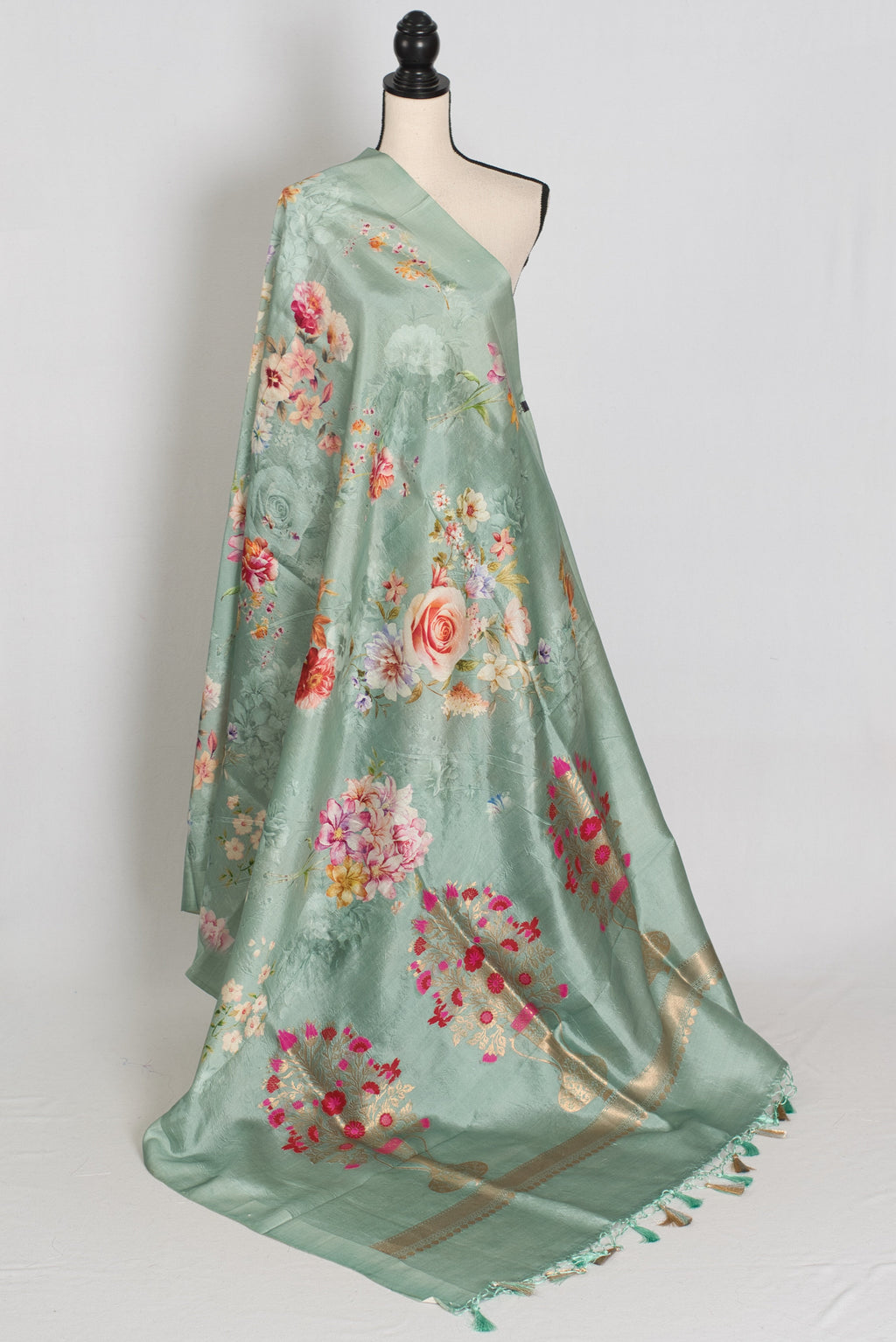 Soma : Sea Green Floral Banarasi Katan Silk Saree with 40 Size Stitched Blouse