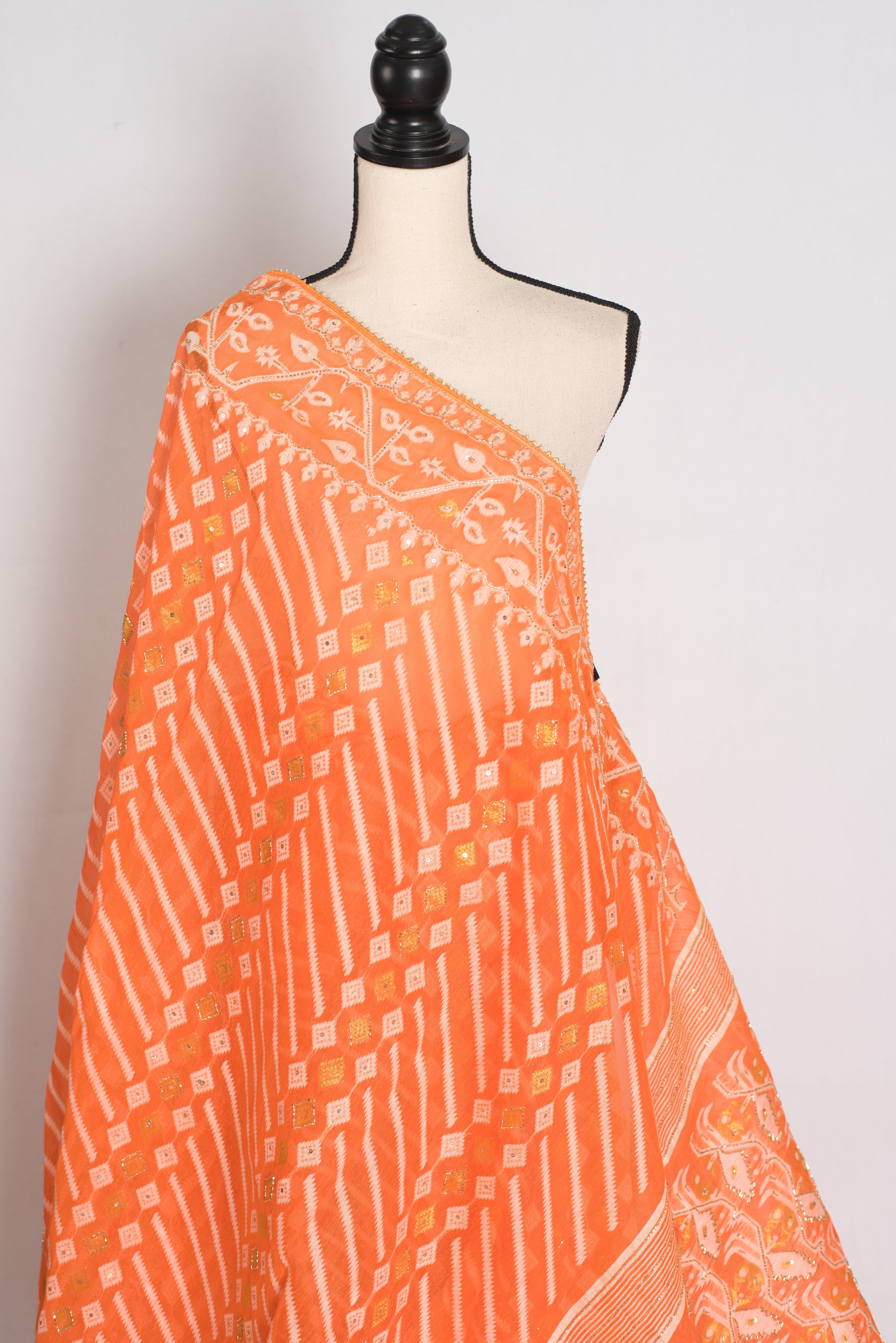 Sia : Festive Orange and White Blended Cotton Jamdani Saree with Hand Embroidery