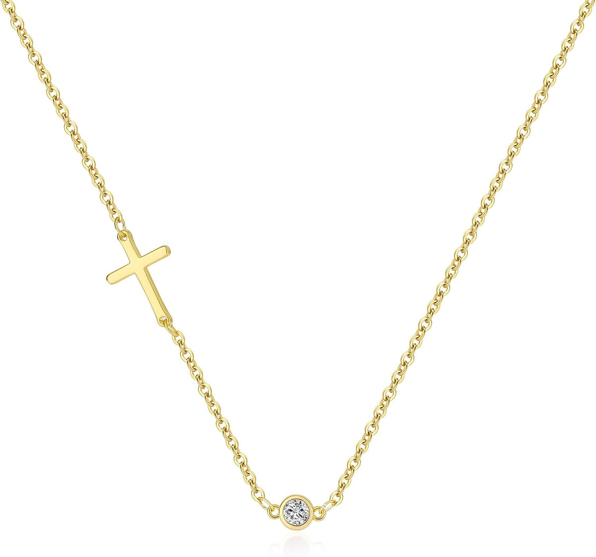 Cross Necklace for Women, Dainty 14K Gold Plated Cross Pendant Necklace Gold Cross Birthstone Necklace Tiny Sideway Cross Choker Necklace Trendy Christmas Gift for Women