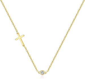 Cross Necklace for Women, Dainty 14K Gold Plated Cross Pendant Necklace Gold Cross Birthstone Necklace Tiny Sideway Cross Choker Necklace Trendy Christmas Gift for Women