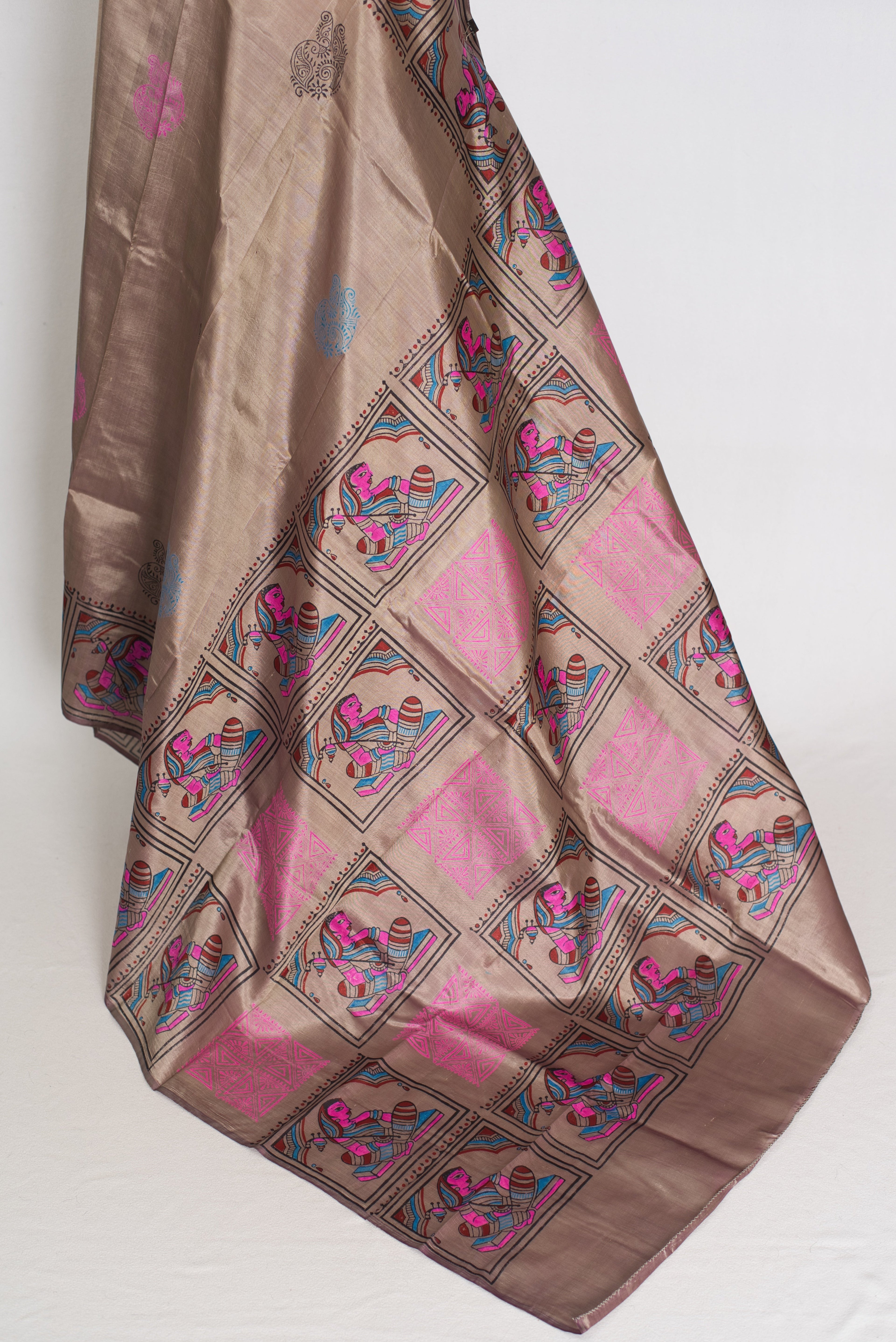 Ria | Ash Brown Hand Block Printed Bishnupur Silk Saree | 40 Size Blouse