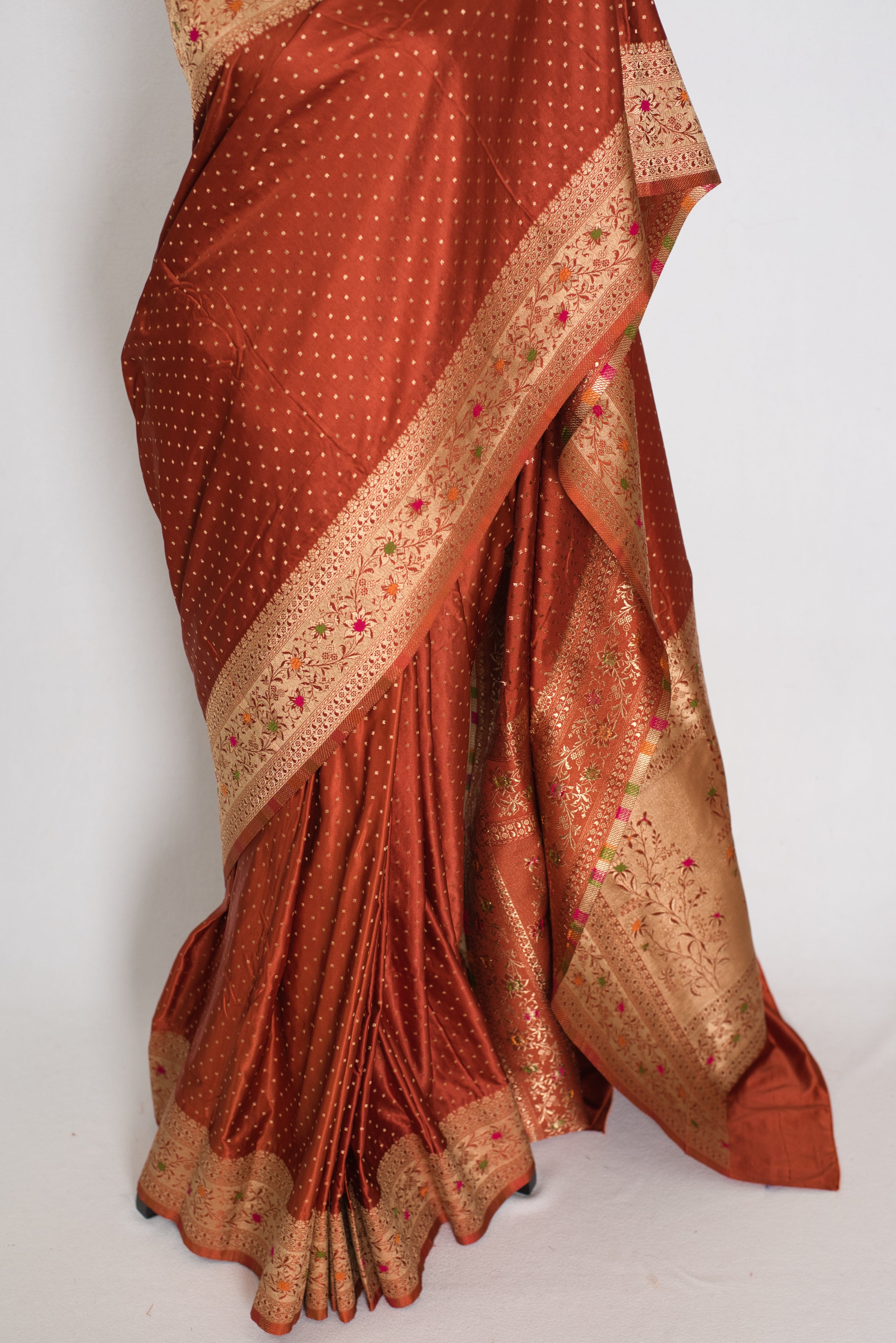 Nina | Rust Orange Semi Mashru Banarasi Saree | Pre-Stitched Size 40 Blouse