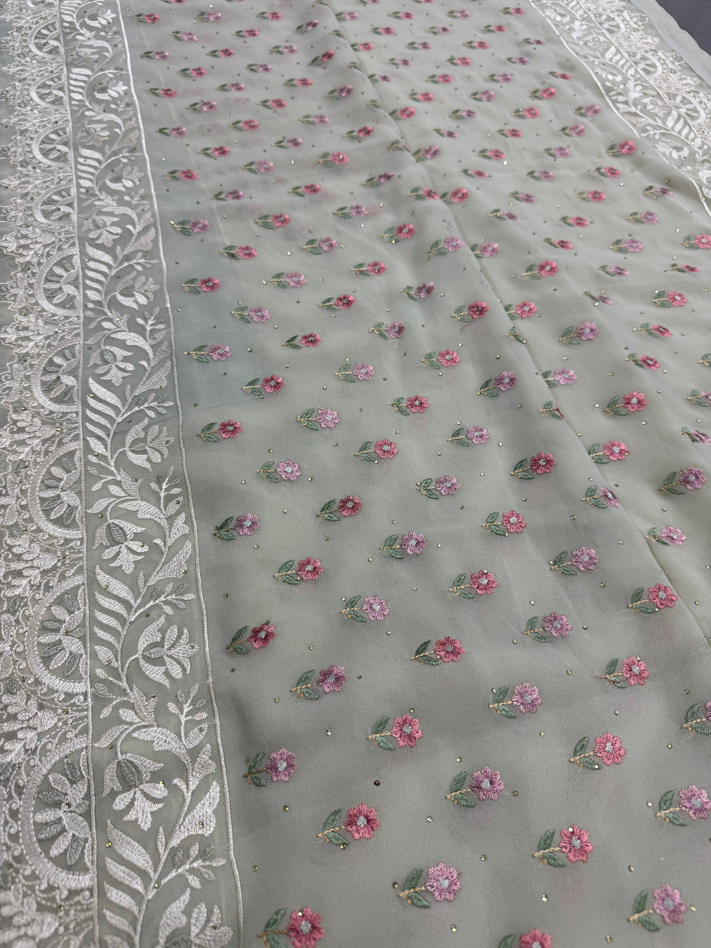 Siya | Light Sage Green Georgette Partywear Saree | Pastel Floral Embroidery
