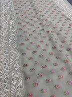 Siya | Light Sage Green Georgette Partywear Saree | Pastel Floral Embroidery