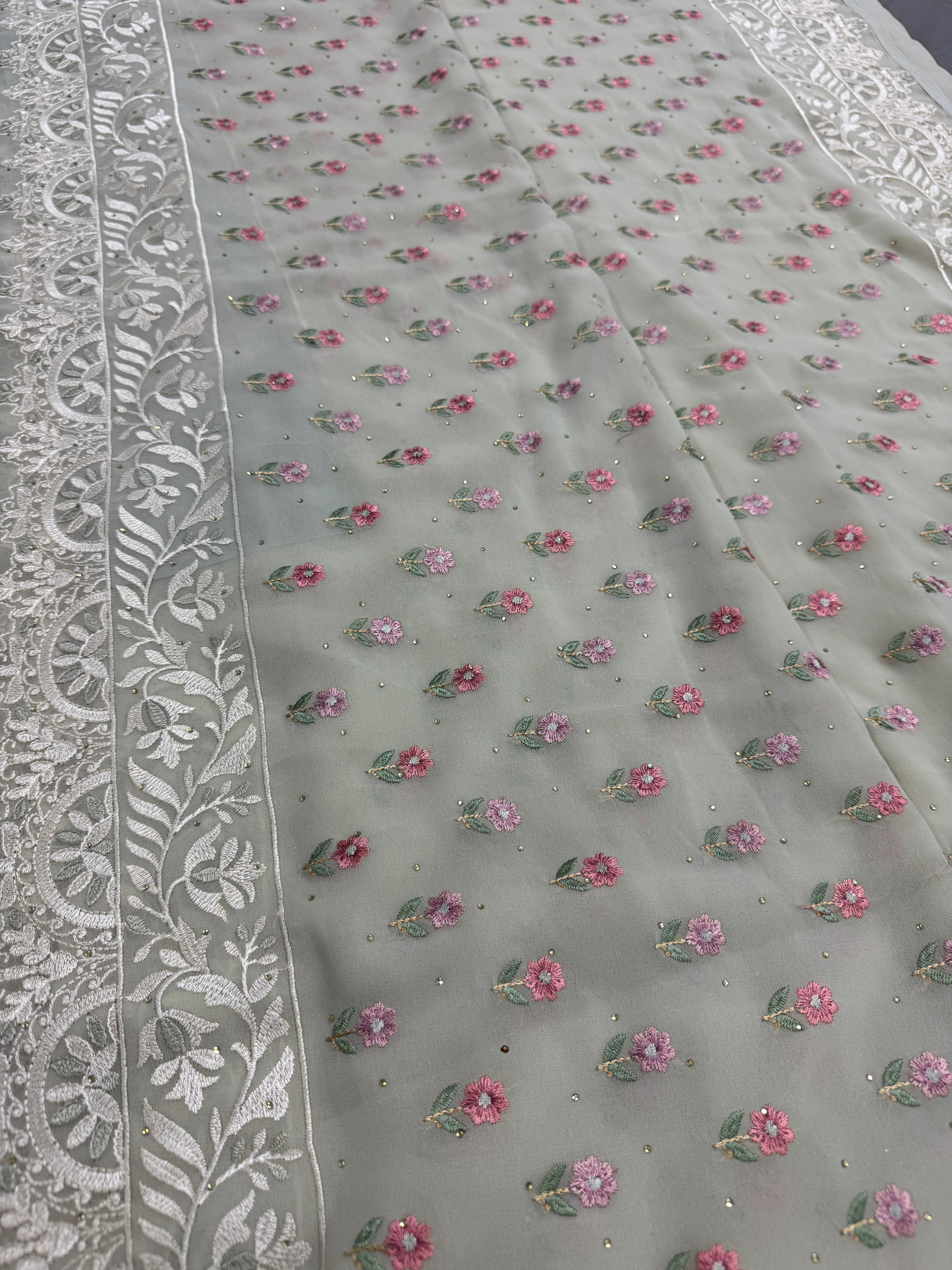 Siya | Light Sage Green Georgette Partywear Saree | Pastel Floral Embroidery