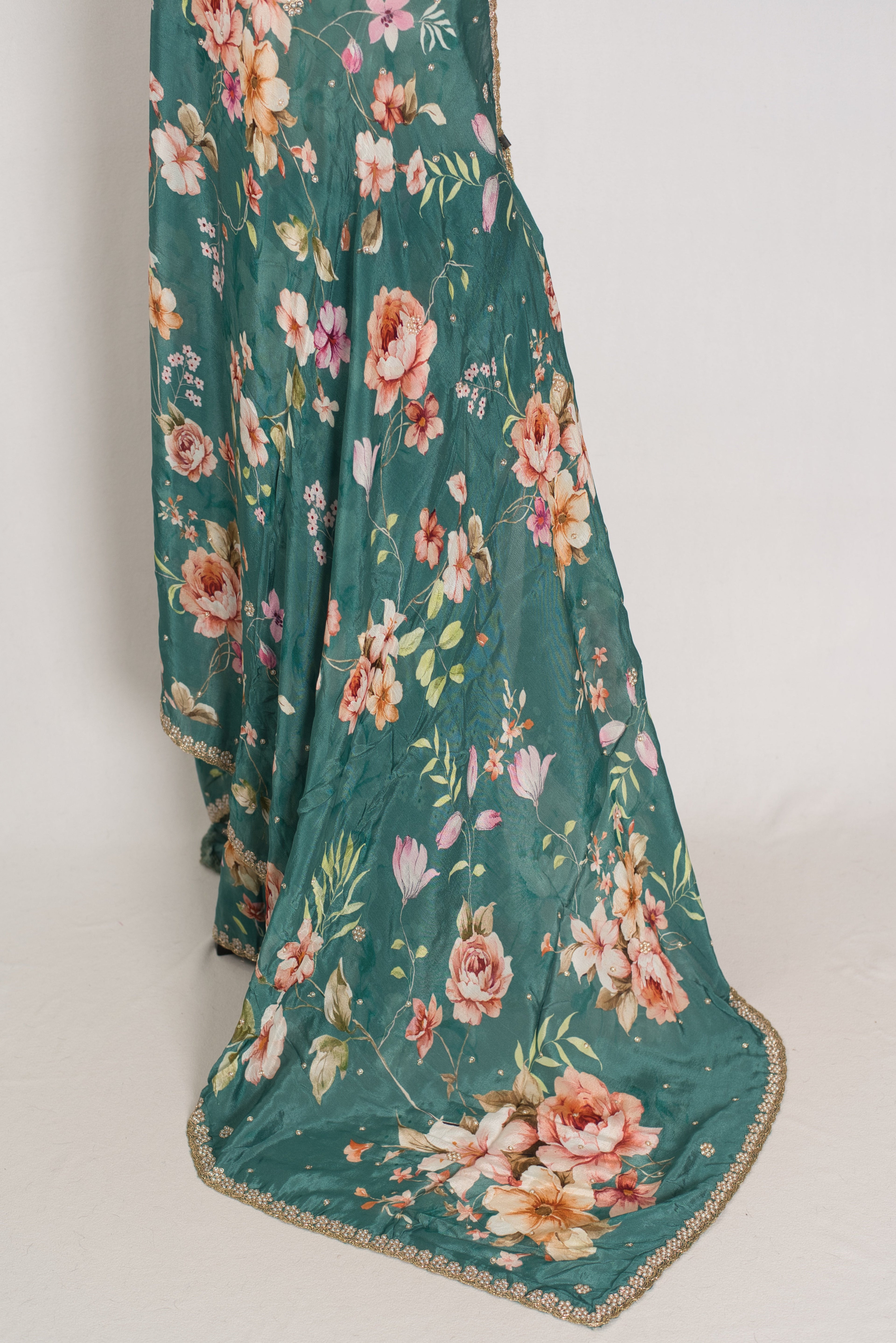 Afrin: Teal Floral Chinon Crepe Saree with Hand-Embroidered Pearl Border