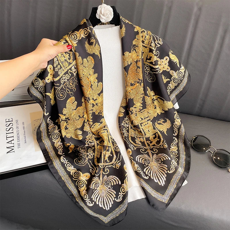 2024 Silk Scarf Scarftop Headwraps For Women Vintage Four Seasons Hair Scarve 110x110cm Hijab Foulard Bandana Femme Headscarf