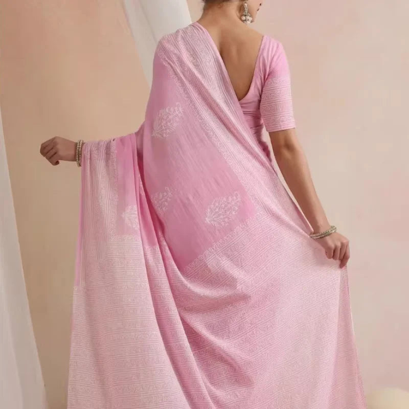 Indonesia and Nepal Chiffon Light Pink Cotton-Linen Ethnic Festival Traditional Print