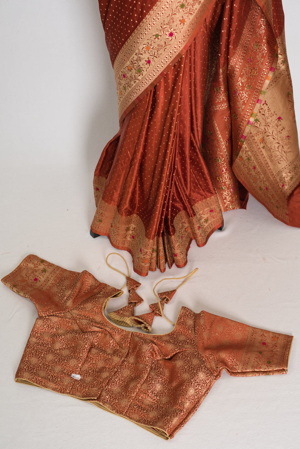 Nina | Rust Orange Semi Mashru Banarasi Saree | Pre-Stitched Size 40 Blouse