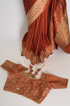 Nina | Rust Orange Semi Mashru Banarasi Saree | Pre-Stitched Size 40 Blouse