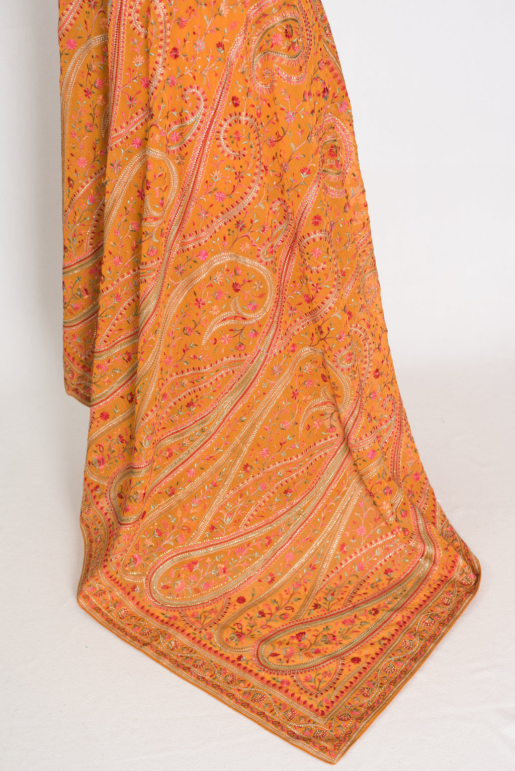 Haldi | Turmeric Yellow Georgette Saree | All-Over Kashmiri Embroidery