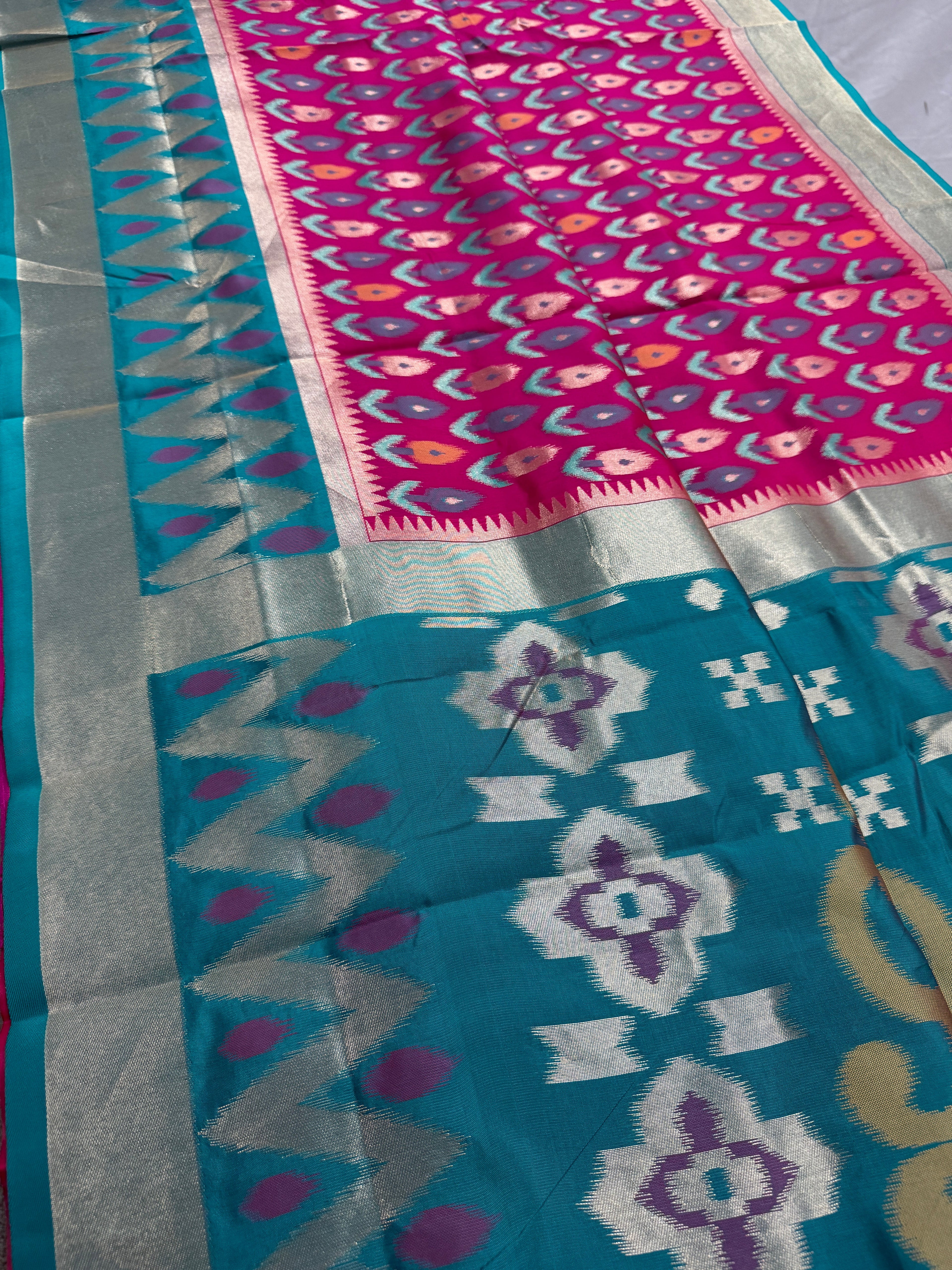 Kalyani | Hot Pink & Rama Green Art Silk Pochampally Saree