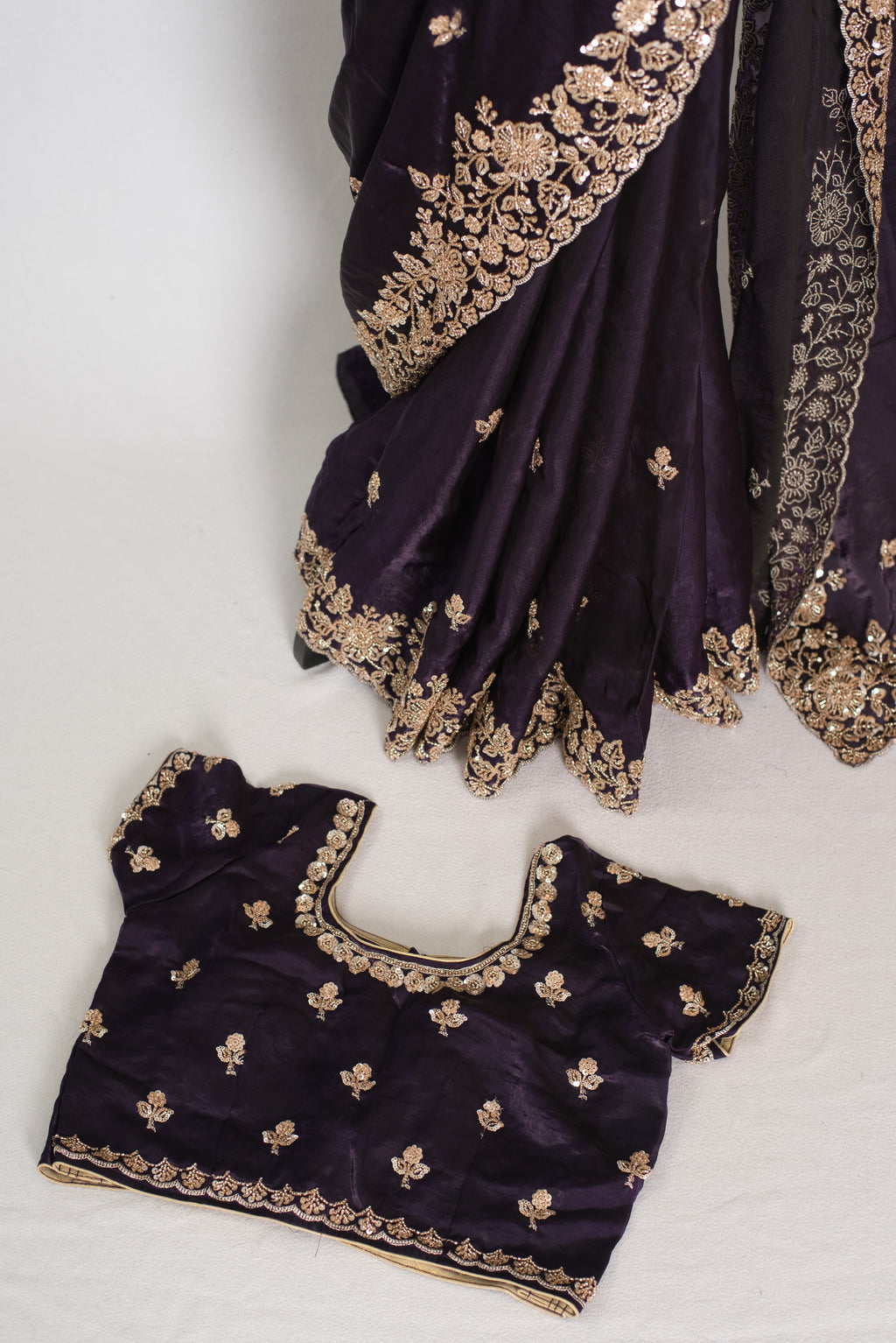 Priya | Deep Purple Tissue Saree | Stitched Size 38 Blouse (Adjustable to 40)