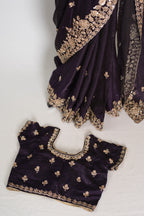Priya | Deep Purple Tissue Saree | Stitched Size 38 Blouse (Adjustable to 40)