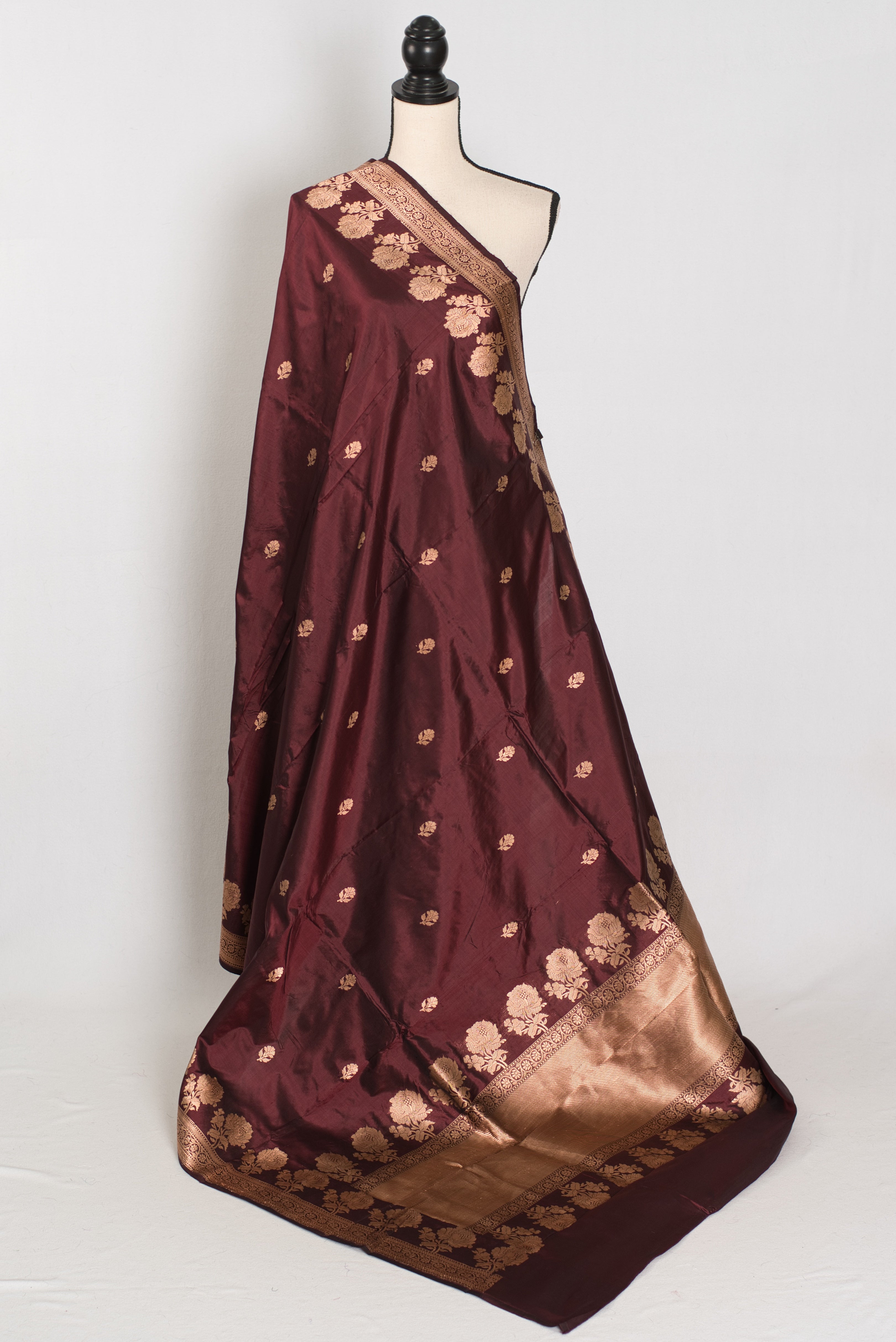Rosa | Coffee Brown Pure Silk Banarasi Saree | Handwoven Gold Zari Rose Motifs