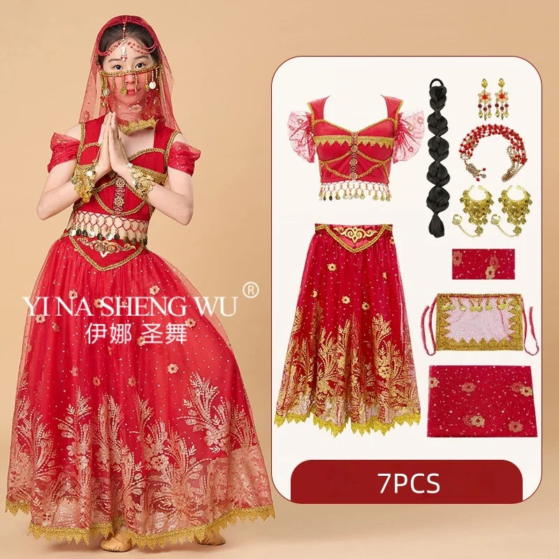 Children's Indian Princess Belly Dance Set Eastern Indian Dance Sari Girl Performance Clothing Children's Stage Costumes