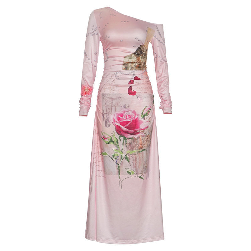 One-shoulder Long-sleeved Printed Maxi Dress