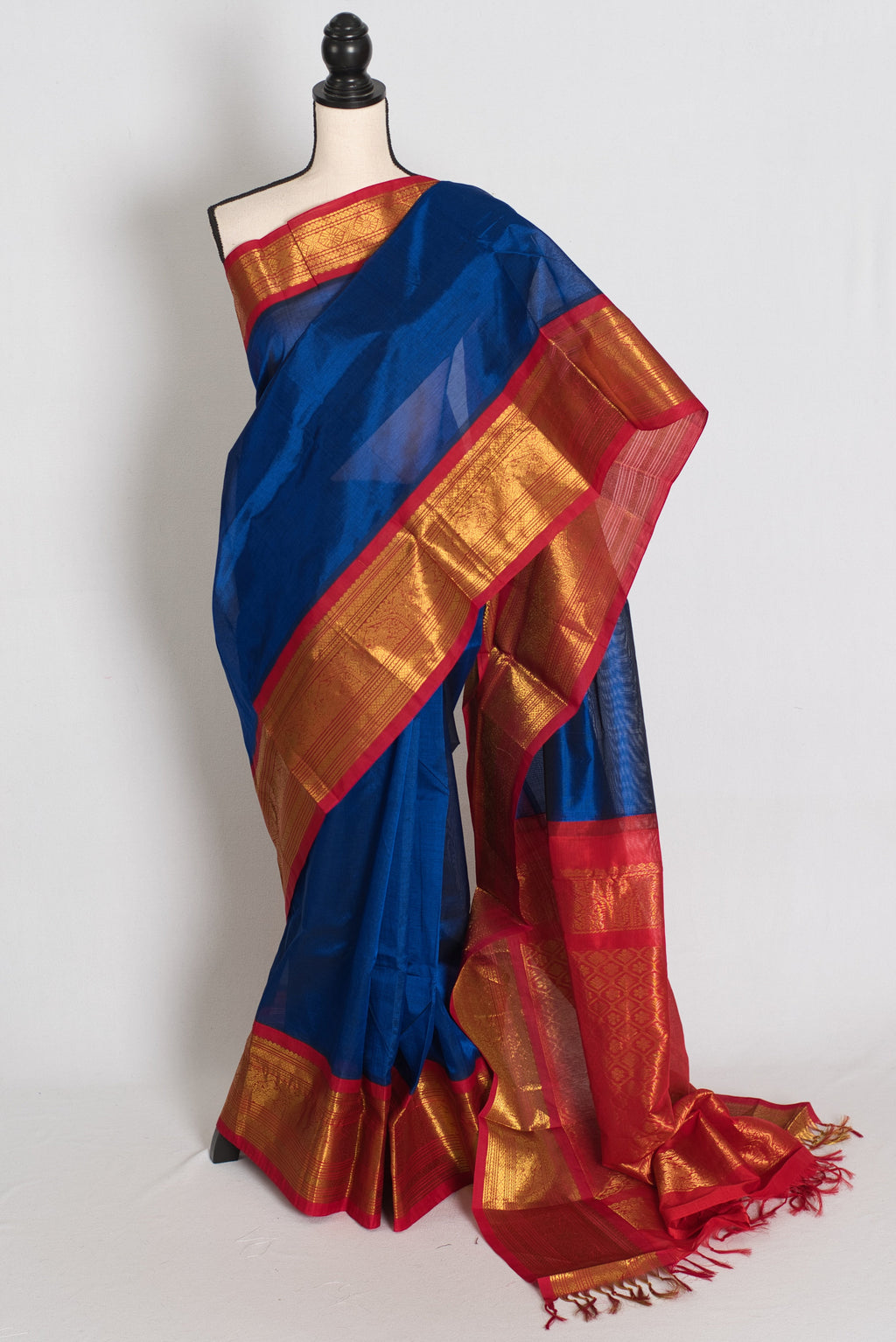 Mala : Royal Blue and Red Cotton Silk Kanjivaram Saree with 38 Size Blouse
