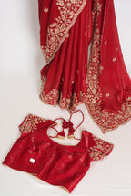 Roshni | Bright Red Tissue Saree | Pre-Stitched Size 40 Blouse