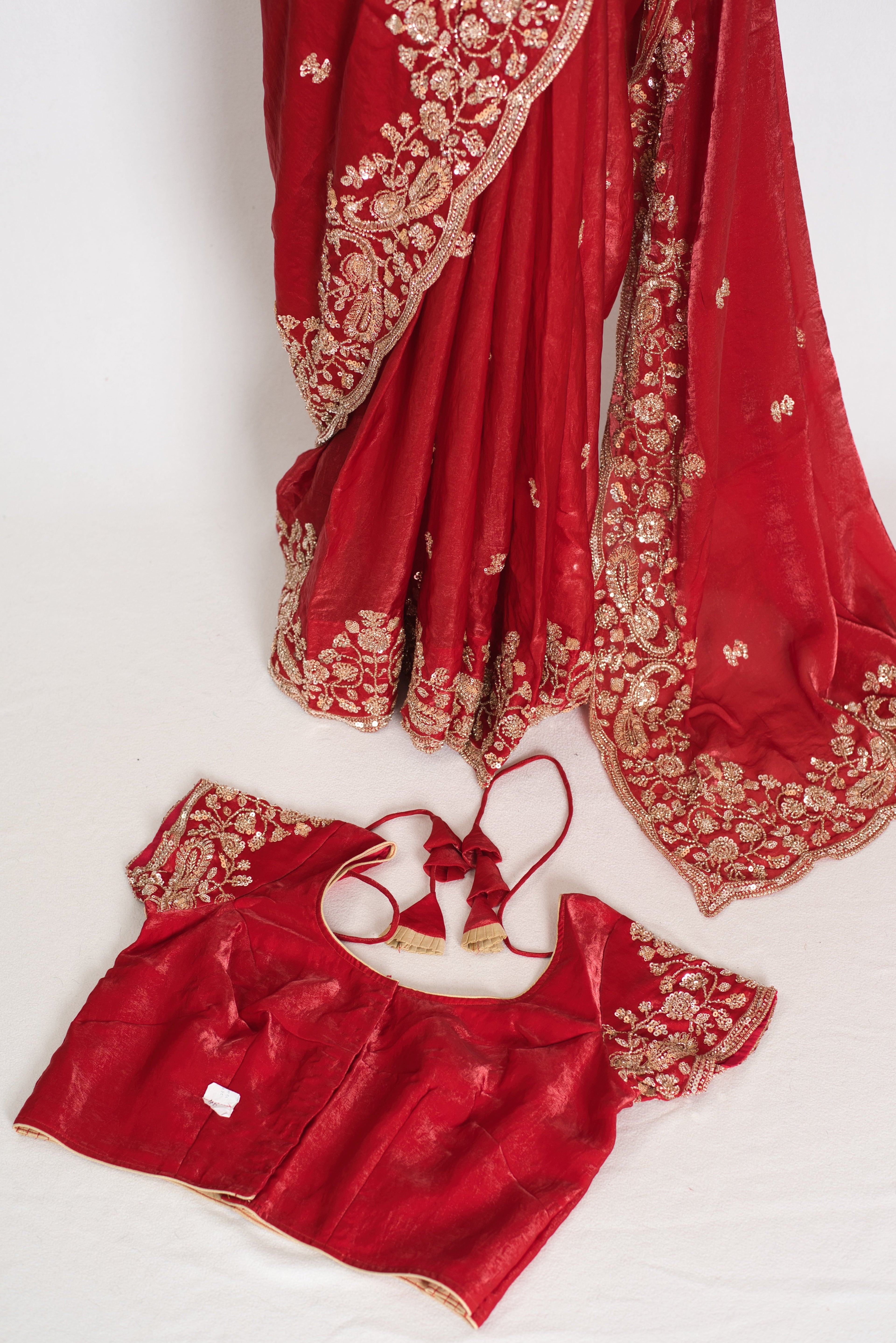 Roshni | Bright Red Tissue Saree | Pre-Stitched Size 40 Blouse