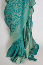 Rini | Rama Green Semi Georgette Banarasi Saree | Pre-Stitched Size 36 Blouse