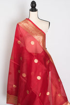 Ishq : Red and Gold Kora Organza Banarasi Saree with Stitched Blouse (Size 36)
