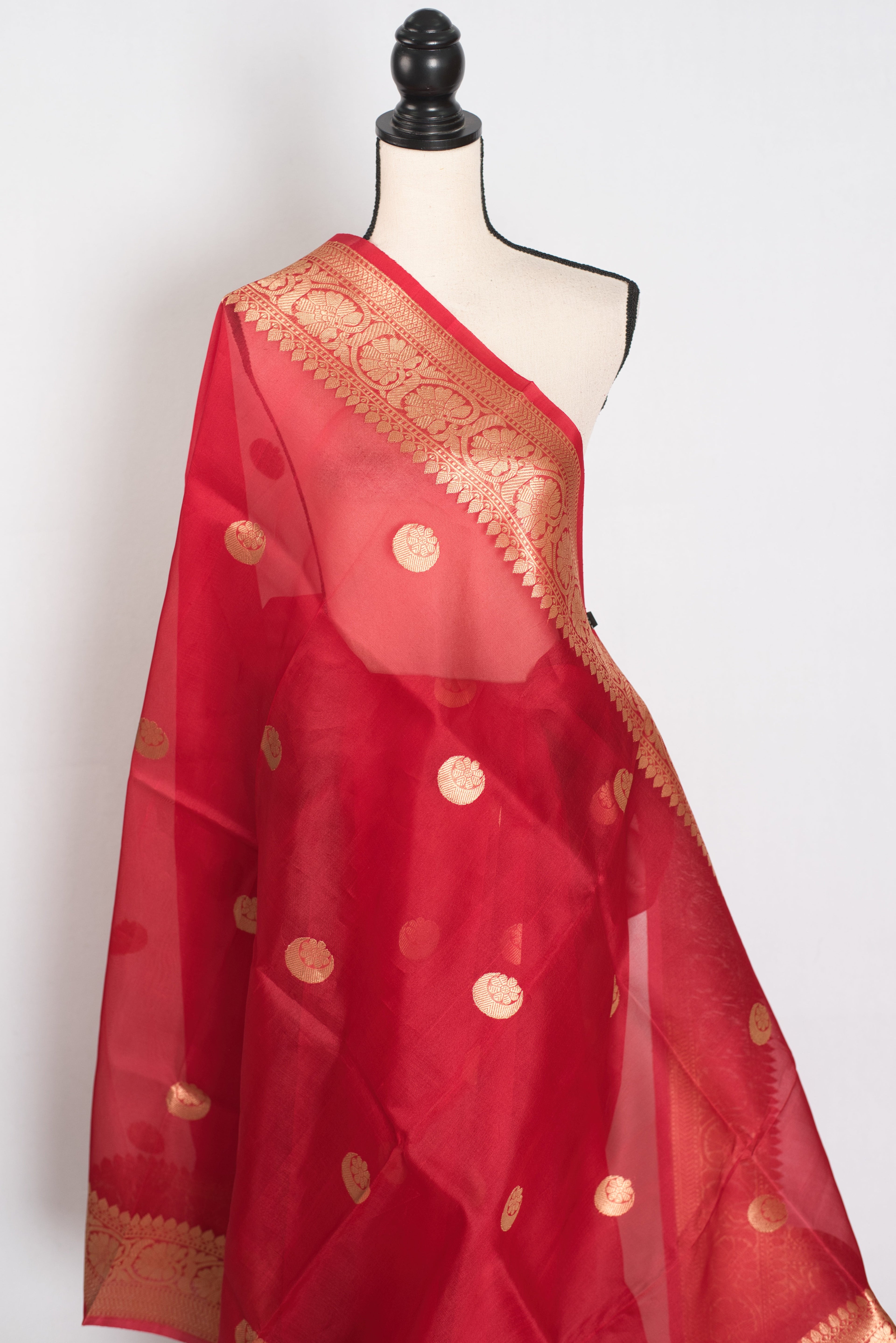 Ishq : Red and Gold Kora Organza Banarasi Saree with Stitched Blouse (Size 36)