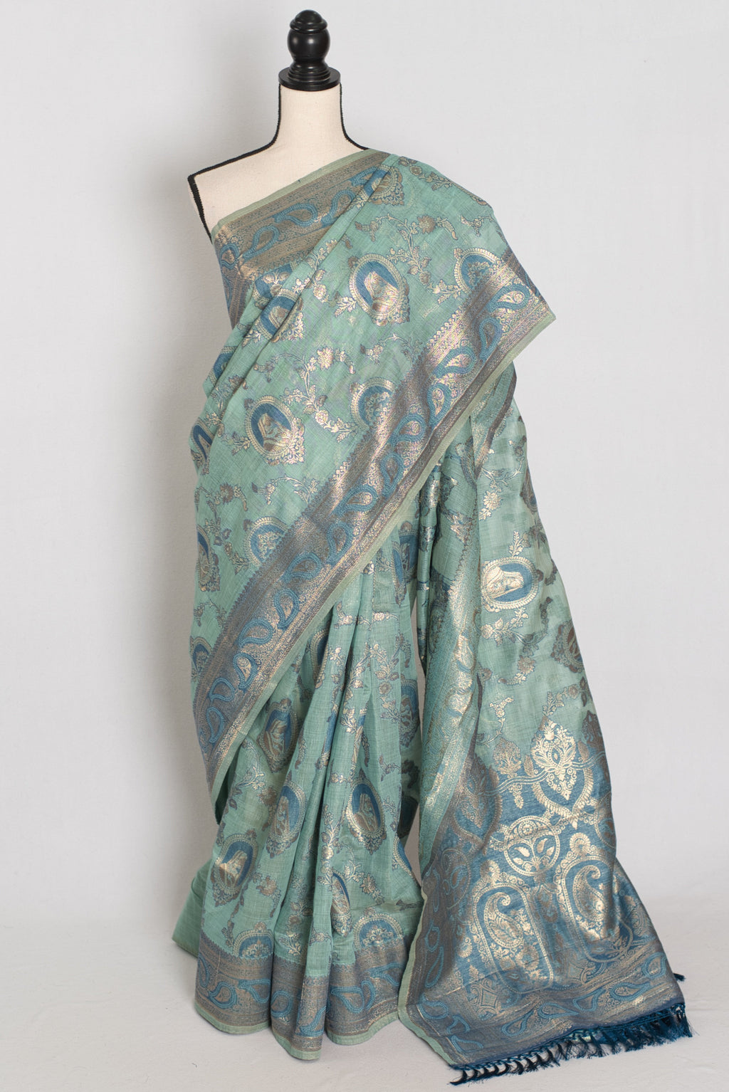Mira | Pastel Blue Blended Cotton Saree | Traditional Baluchari Motifs