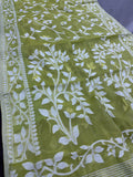 Leela : Lime Green and White Blended Soft Cotton Jamdani Saree