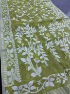 Leela : Lime Green and White Blended Soft Cotton Jamdani Saree