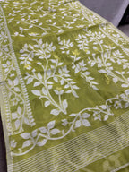 Leela : Lime Green and White Blended Soft Cotton Jamdani Saree