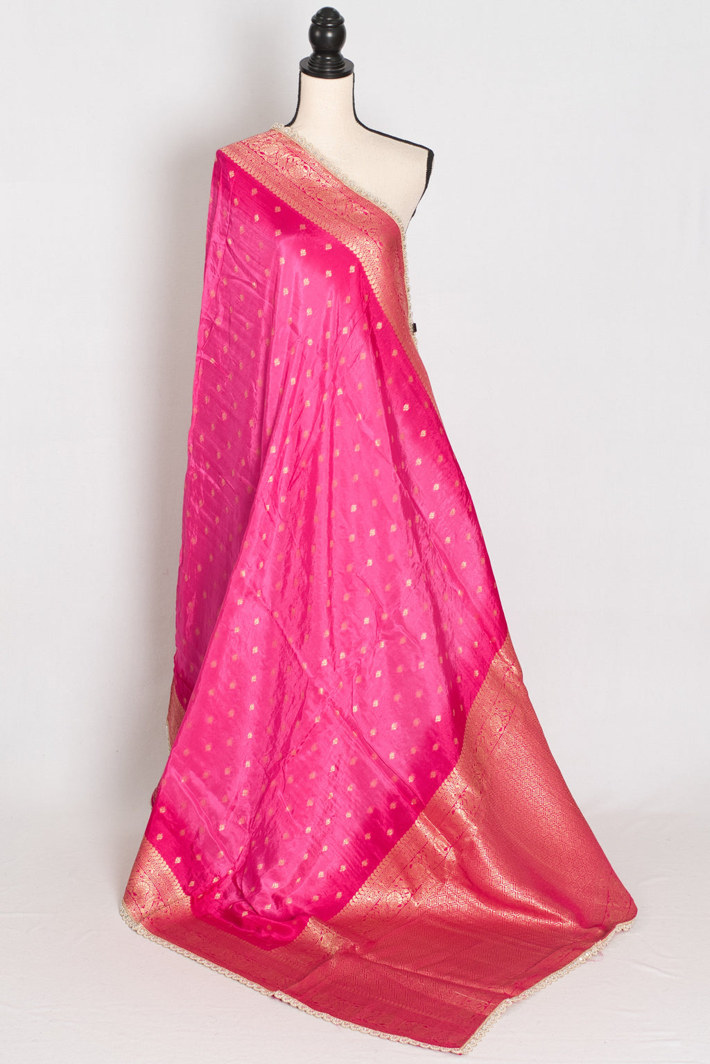 Abira | Pink & Gold Dola Silk Banarasi Saree | Designer Stitched Lace Border