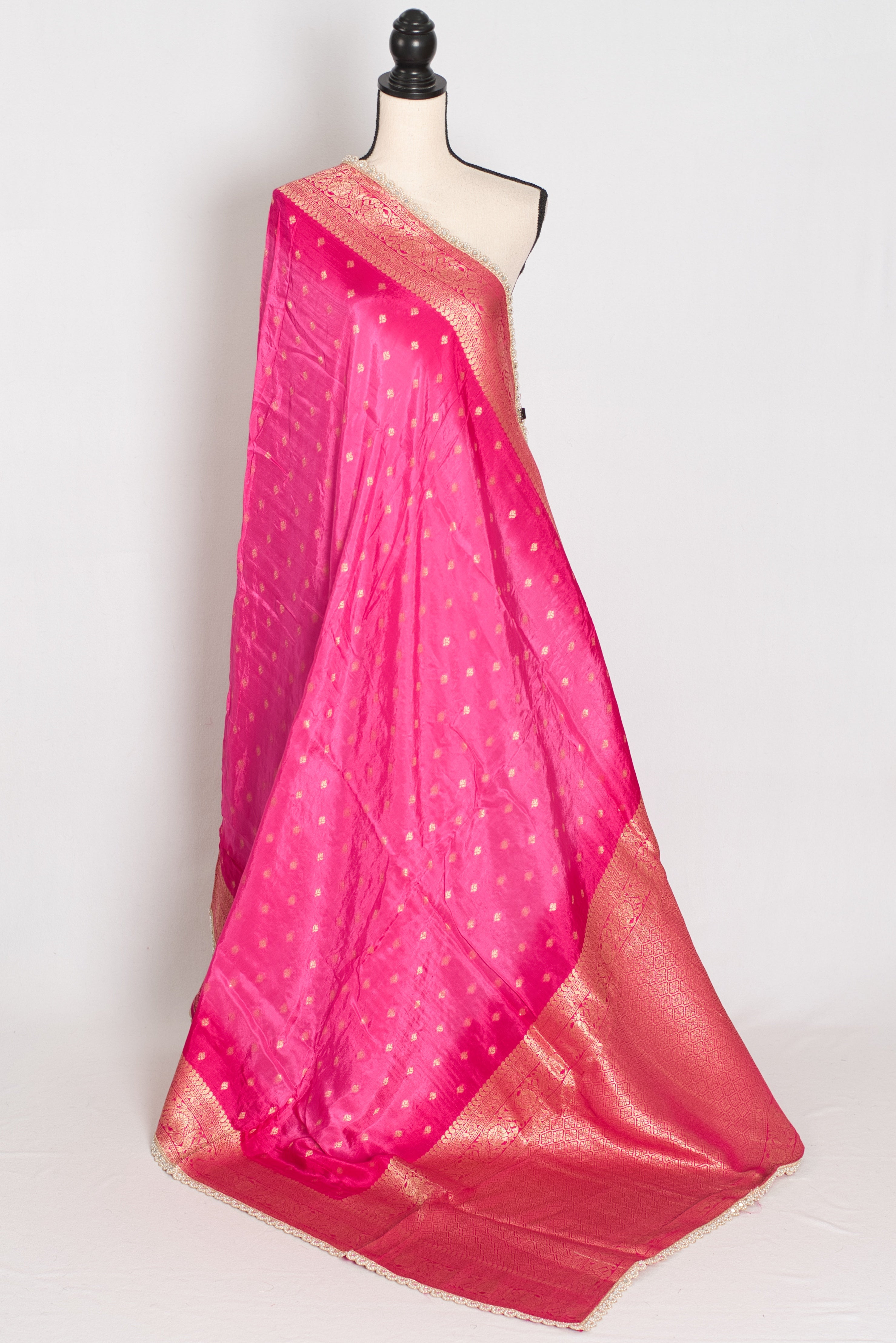 Abira | Pink & Gold Dola Silk Banarasi Saree | Designer Stitched Lace Border