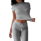 SpringSummer Elegant Solid Color Crew Neck Short Sleeve Top And Pants Set