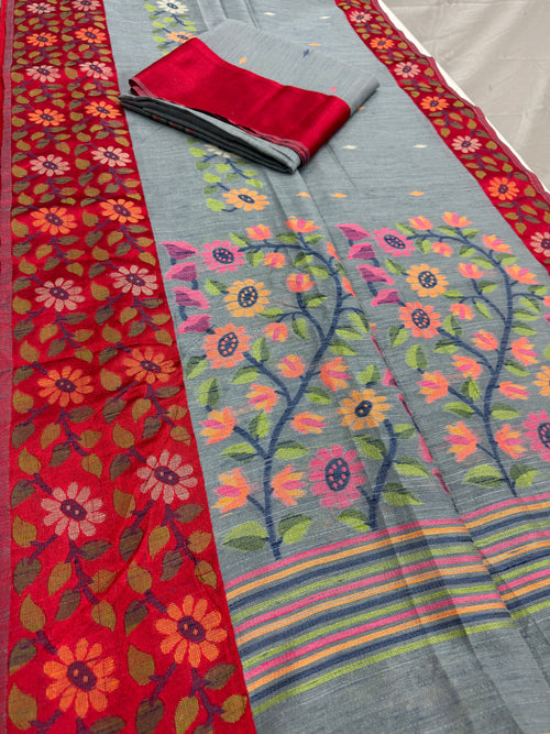 Bidisha | Grey & Red Semi Matka Tussar Jamdani Saree