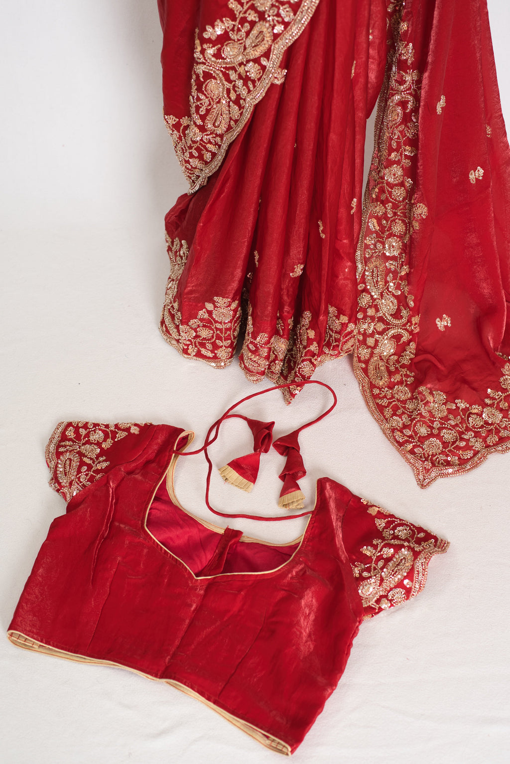 Roshni | Bright Red Tissue Saree | Pre-Stitched Size 40 Blouse