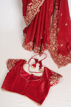 Roshni | Bright Red Tissue Saree | Pre-Stitched Size 40 Blouse