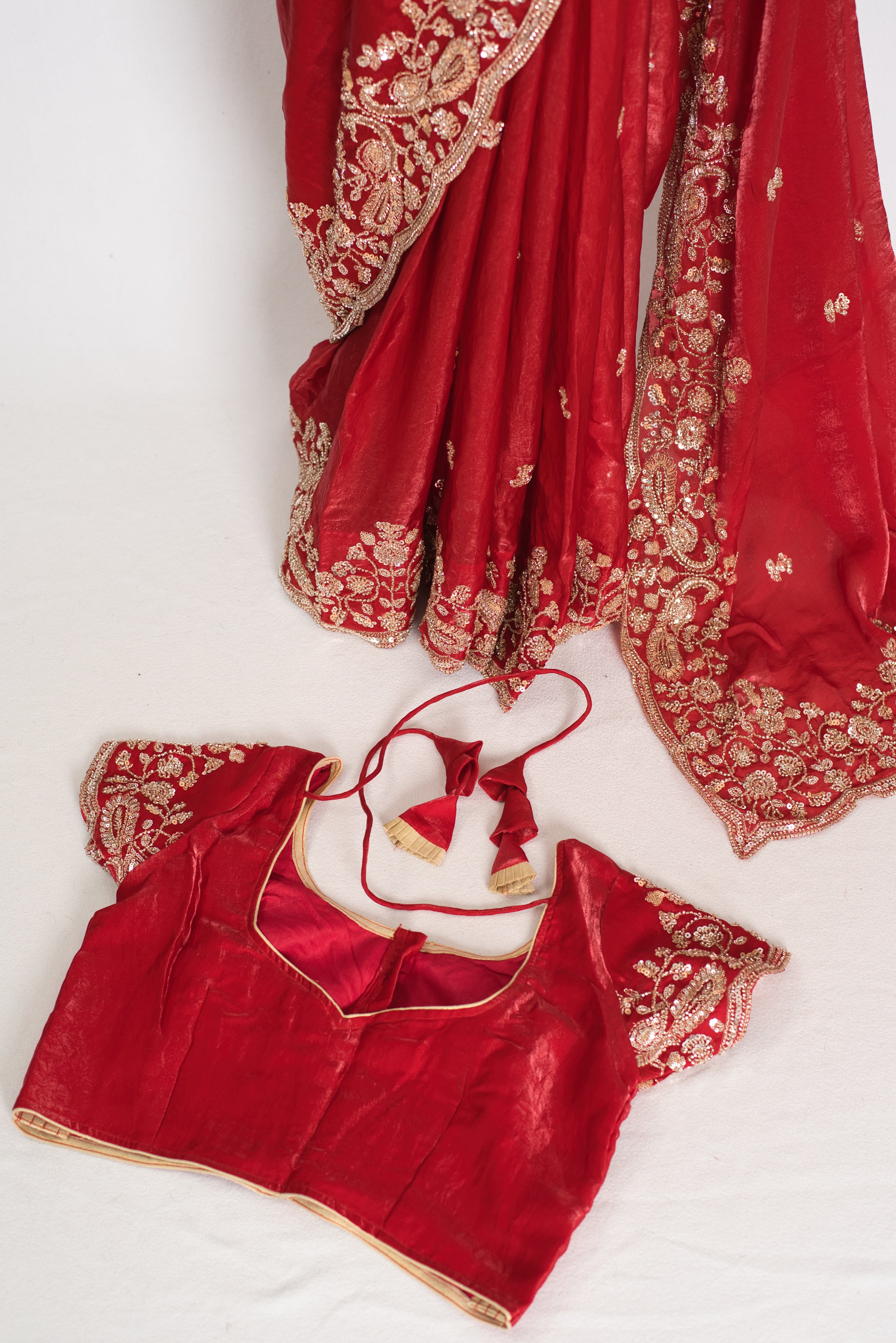 Roshni | Bright Red Tissue Saree | Pre-Stitched Size 40 Blouse