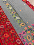 Bidisha | Grey & Red Semi Matka Tussar Jamdani Saree