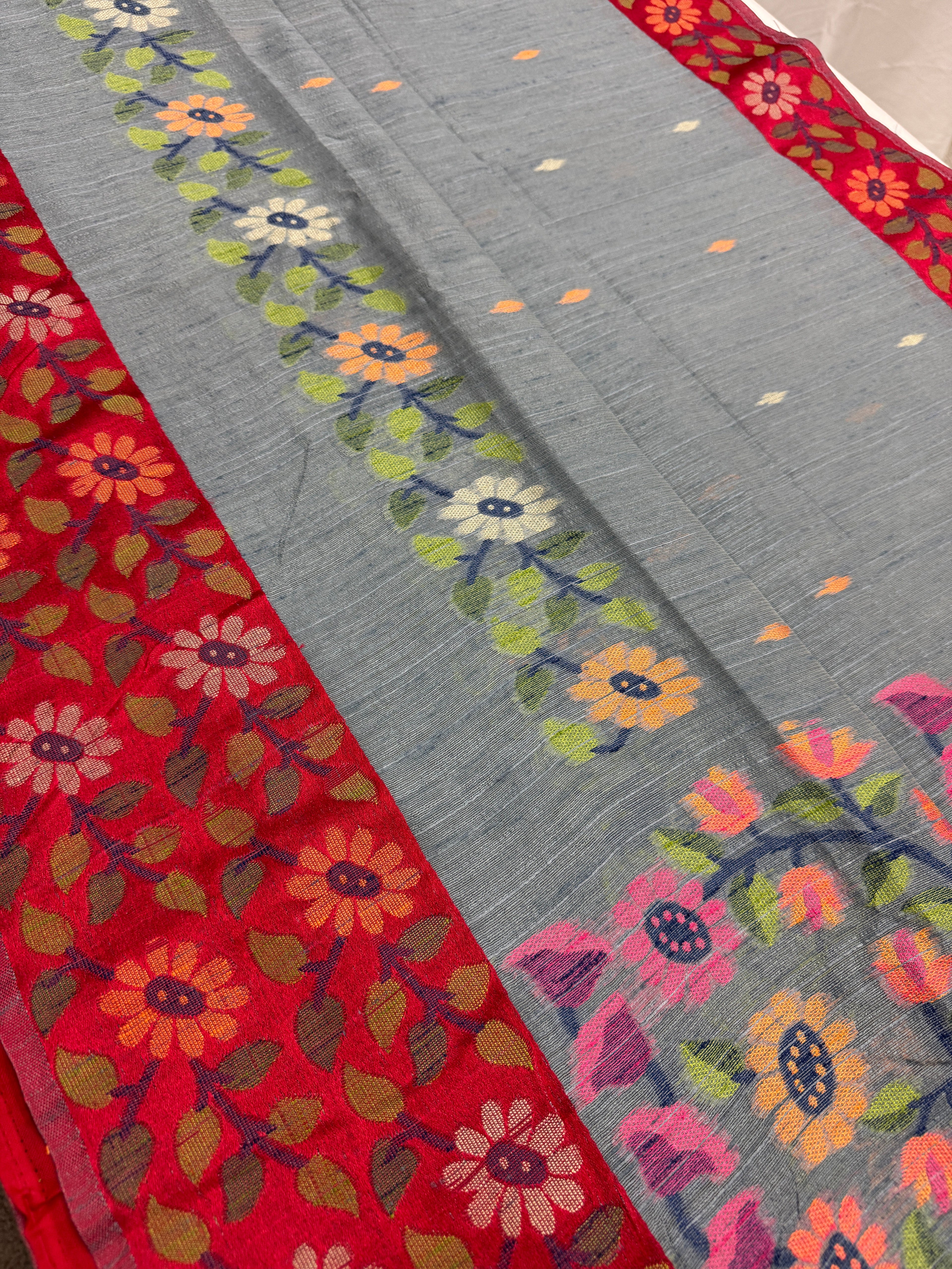 Bidisha | Grey & Red Semi Matka Tussar Jamdani Saree