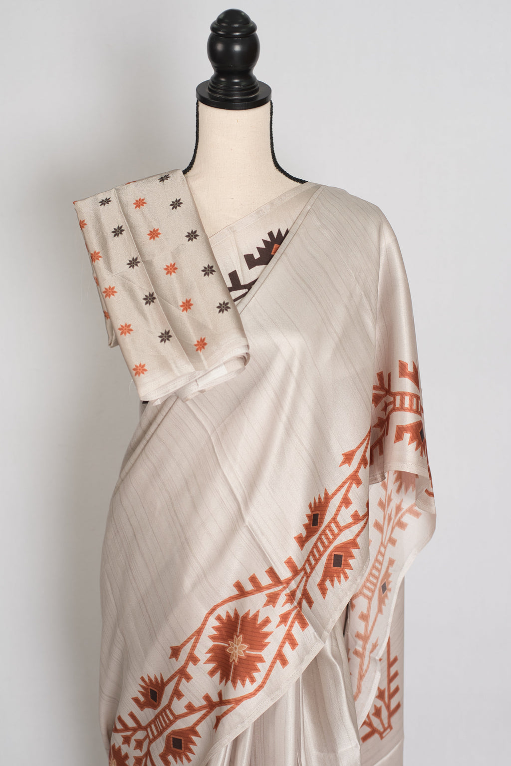 Rita | Cement White Soft Satin Saree with Traditional Kolka Prints