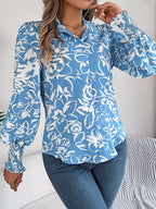 Women's Elegant Color-Blocked Floral Lantern Sleeve Lapel Shirt