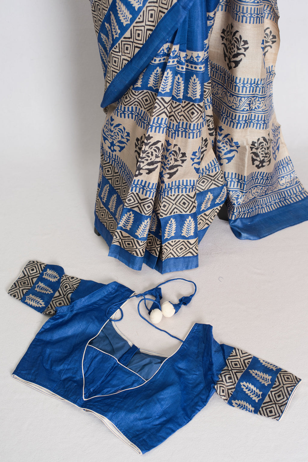 Mati Blue and White Hand Block Printed Tussar Silk Saree with 38 Size Blouse