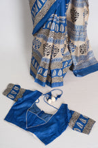 Mati Blue and White Hand Block Printed Tussar Silk Saree with 38 Size Blouse